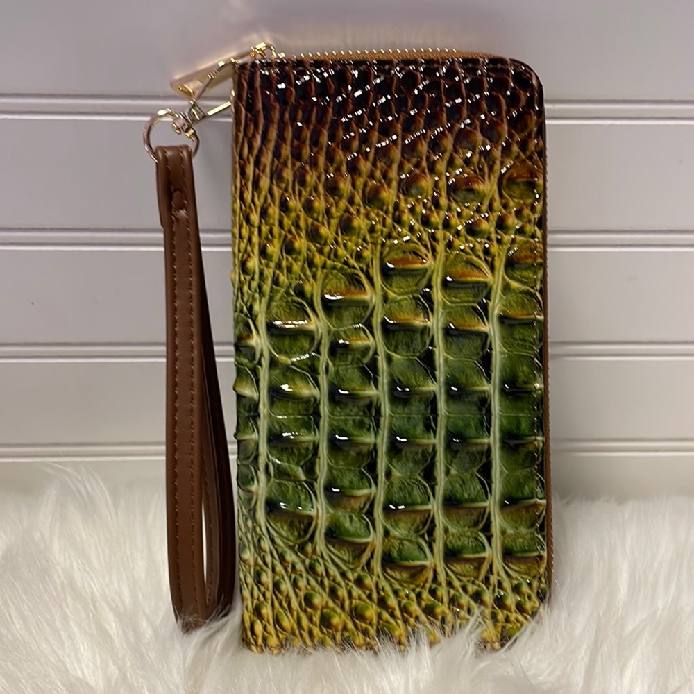 Tritexture Green & Brown Ombre Single Zipper Wallet with Strap - Picture 5 of 11